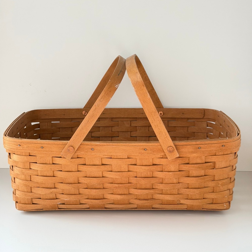 Vintage Longaberger Handwoven Picnic Basket Large 19x13x6 Woven Wood 1991 USA